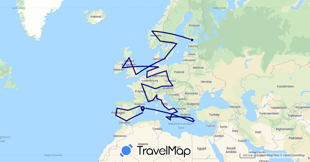 TravelMap itinerary: driving in Austria, Belgium, Switzerland, Czech Republic, Germany, Denmark, Spain, Finland, France, United Kingdom, Greece, Ireland, Italy, Monaco, Netherlands, Norway, Portugal, Sweden (Europe)